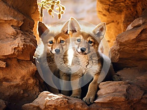 Coyote pups rocks curious pup