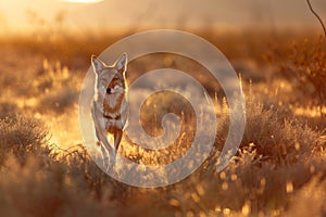 Coyote trots across dry grass, coyote trots across the desert at sunrise