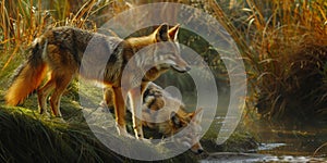 Coyotes on edge of creek photo