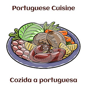 Cozido a portuguesa - traditional portuguese dish with pork, beef, chicken, potatoes, beans, carrots and cabbage photo