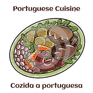 Cozido a portuguesa - traditional portuguese dish with pork, beef, chicken, potatoes, beans, carrots and cabbage photo