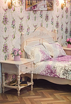 Coziness comfort interior, girl bedroom concept, with bed and with bedside table at home