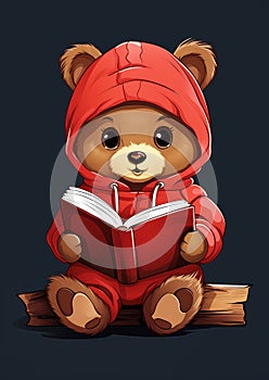 Cozy Adventures: A Cartoon Bear\'s Reading Journey in a Red Hoodi photo