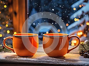 Cozy Ambiance: Mugs on Wooden Table, Portrait, Snowy Winter Christmas Night.