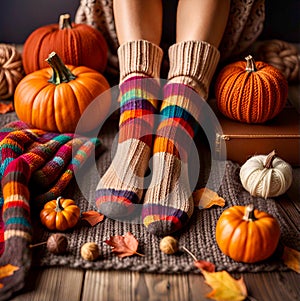 Cozy ambience with pumpkins, cup of coffee, camera and woman’s legs with warm knitted colourful socks