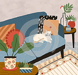Cozy apartment interior with comfortable sofa, houseplants and flowers in vase. Sleeping cat on comfy couch in hygge