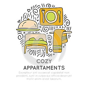 Cozy appartments hand draw cartoon vector icon concept. Bed, towel and food attributes about hotel and resorts in circle