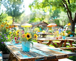 Cozy artisan beer garden with handcrafted tables, unique beer selections, and an intimate, community-focused setting photo