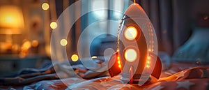Cozy Astronaut Dreams - Rocket Nightlight in Child\'s Room. Concept Children\'s Bedroom Decor, Space photo