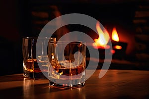 Cozy atmospehere with two whiskey glasses against the fireplace. Created with Generative AI technology