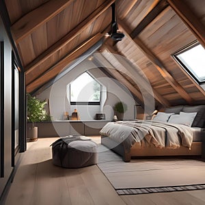 A cozy attic bedroom with slanted ceilings, skylights, and a built-in window seat5