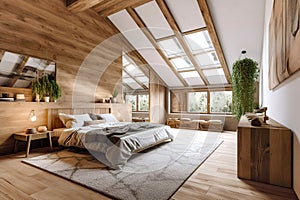 Cozy attic with wooden lining wall. Interior design of modern be
