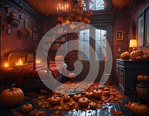 Cozy autumn bedroom interior. Amber leaves, soft lights, pumpkins in the darkness of a rainy night. Concept of Halloween