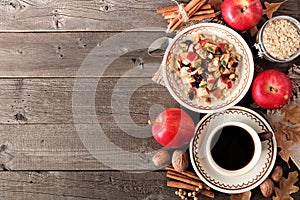 Cozy autumn breakfast scene on rustic wood