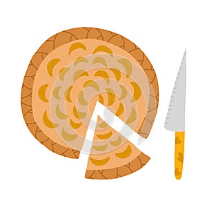 Cozy autumn clip art with seasonal bakery, food. Apple pie with cinnamon and a cut off piece and cute knife. Hygge hand drawn