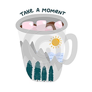 Cozy autumn clip art with seasonal drink and motivational lettering. Ceramic mug with illustration of mountain landscape full of