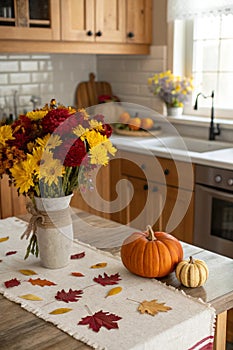 Autumn kitchen interior. Red and yellow leaves and flowers in the vase and pumpkin on light background photo