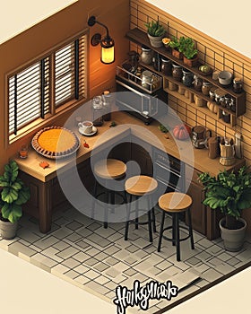 Cozy Autumn Kitchen Isometric Illustration