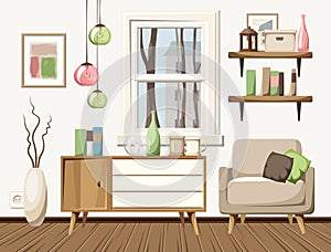 Cozy autumn living room interior. Vector illustration