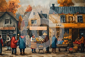 Cozy autumn market scene with townspeople shopping for local produce amid rustic village shops photo