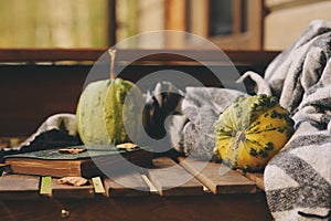 Cozy autumn morning at country house, cup of tea and warm blanket on wooden table