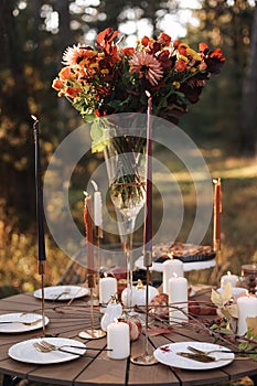 Cozy autumn picnic in the park. Close up of table setting with white plates, cutlery, glass vase with colourful