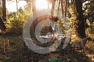 Cozy autumn picnic in the park. Close up of table setting with white plates, cutlery, glass vase with colourful