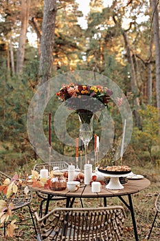 Cozy autumn picnic in the park. Close up of table setting with white plates, cutlery, glass vase with colourful