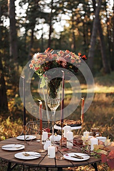 Cozy autumn picnic in the park. Close up of table setting with white plates, cutlery, glass vase with colourful
