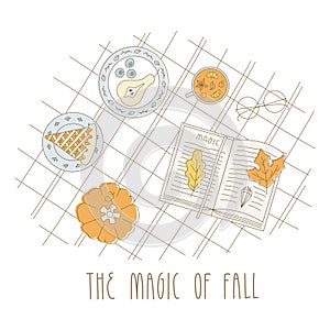Cozy autumn picnic scene with checkered blanket, piece of pumpkin pie, tea, book about magic. Vector illustration for