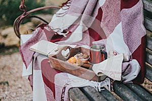 Cozy autumn picnic with tea and cookies