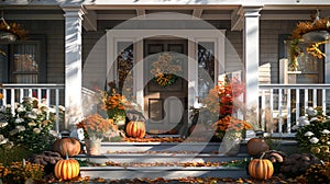 Cozy autumn porch decor with pumpkins and fall foliage. seasonal home exterior in warm light. perfect for fall themes