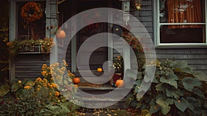Cozy autumn porch with pumpkins and fall decorations. welcoming home entrance in seasonal style, perfect for fall
