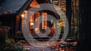 Cozy Autumn Retreats, inviting relaxation and mindfulness. Nature Retreats. Picturesque cabins, cottages in autumn forest,