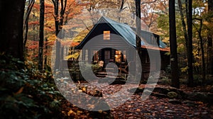 Cozy Autumn Retreats, inviting relaxation and mindfulness. Nature Retreats. Picturesque cabins, cottages in autumn forest,
