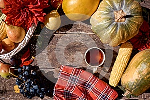 Cozy autumn rustic still life: cup of tea, fruits, vegetables : pumpkin, pears, apple, melon, grape and corn