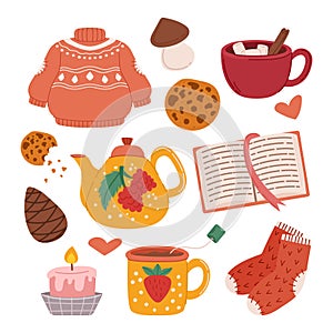 Cozy Autumn Set. Cartoon Book, Sweater, Burning Candle, Cookie, Tea Cup And Pot, Knit Socks And Pine Cone