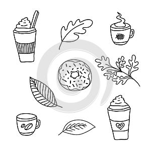 Cozy autumn. Set of fall things. Cup of tea or coffee, leaves, donut and cake. Doodle black and white vector isolated