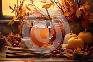 Cozy Autumn Still Life with Pumpkins, Drinks