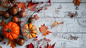 Cozy Autumn Still Life with Pumpkins Oak Leaves Acorns and Vibrant Red Berries on Distressed White Wooden Surface with Warm