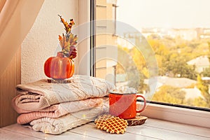 Cozy autumn still life on the windowsill: warm wool sweaters, pumpkins, maple leaves and a Cup of cocoa with marshmallows and