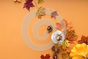 Cozy autumn style flat lay of hot pumpkin spice latte with whipped milk cream, cinamon and colorful dry leaves of