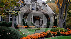 Cozy autumn suburban home surrounded by fall foliage and vibrant orange pumpkins. perfect seasonal real estate example