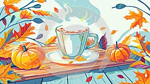 Cozy Autumn Vibes with Steaming Pumpkin Spice Latte and Falling Leaves