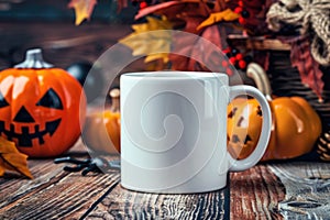 Cozy Autumn Vibes: White Mug Among Fall Leaves and Pumpkins