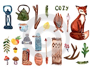 Cozy autumn watercolor set with home chose and fox.Scandinavian style
