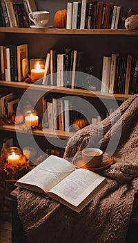 Cozy autumnal mood, cozy reading nook with blanket, bookshelves