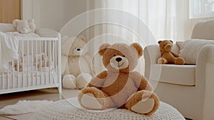 A cozy baby room with a car-shaped crib, open changing table, and teddy bear decor creates a warm and inviting photo