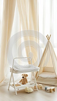 A cozy baby room with a car-shaped crib, open changing table, and teddy bear decor creates a warm and inviting photo