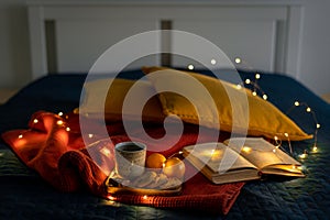 Cozy background for reading book relaxing and reflection. Stay home concept. Christmas decoration